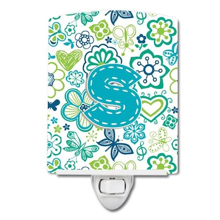 Carolines Treasures CJ2006-SCNL Letter S Flowers & Butterflies Teal & Blue Ceramic Night Light